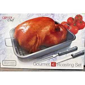 Grande Chef Gourmet 4 Piece Roasting Set Nonstick Roaster Rack Tools NIB